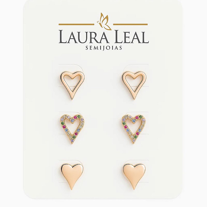 KIt de Brincos com Coração e Zircônia Colorida Folheado em Ouro 18k
