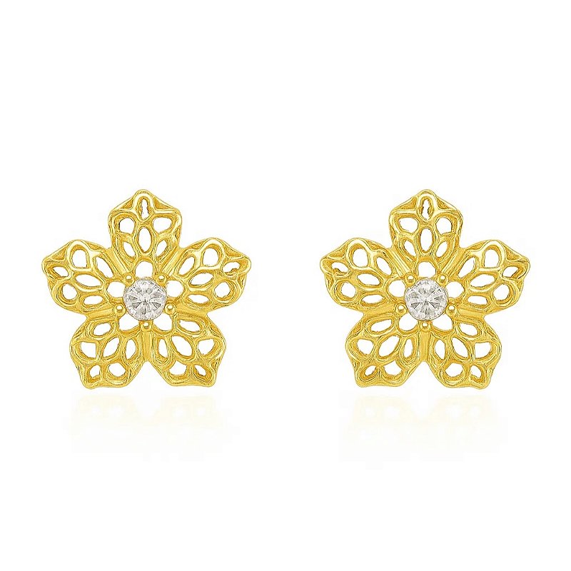 Brinco de flor com pedra de zircônia folheado em ouro 18k
