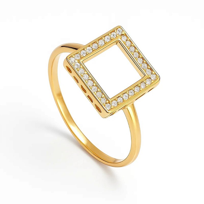 Anel quadrado vazado folheado a ouro cravejado em micro zircônia