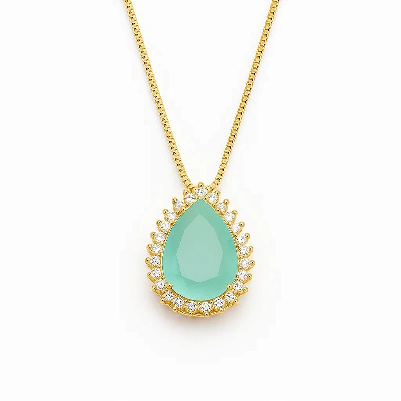 Colar com pingente de gota azul rodeado de zircônias folheado em ouro 18k