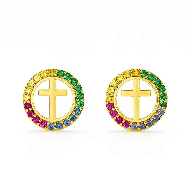 Brinco Redondo com Cruz e Zircônias Coloridas Folheado em ouro 18k