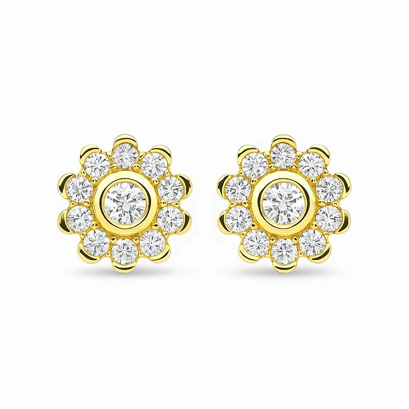 Brinco pequeno flor cravejado com zircônia folheados a ouro 18k