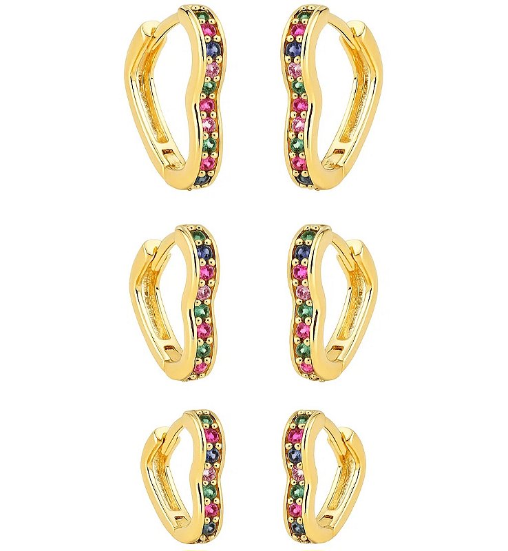 Trio Brinco de Argola com zircônias coloridas Folheado em ouro 18k