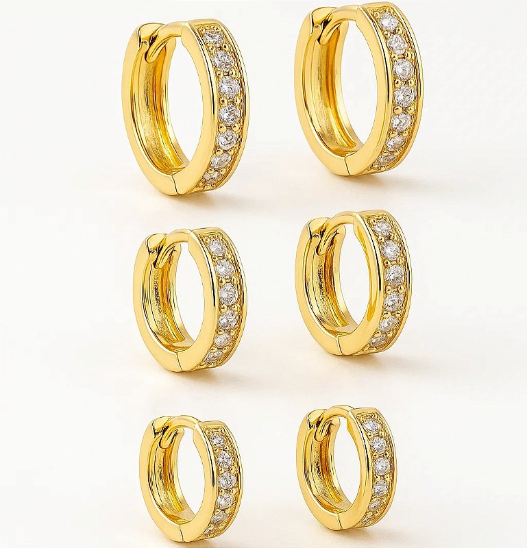 Trio de Argolinhas Cravejada com Zircônia Folheada a Ouro 18k