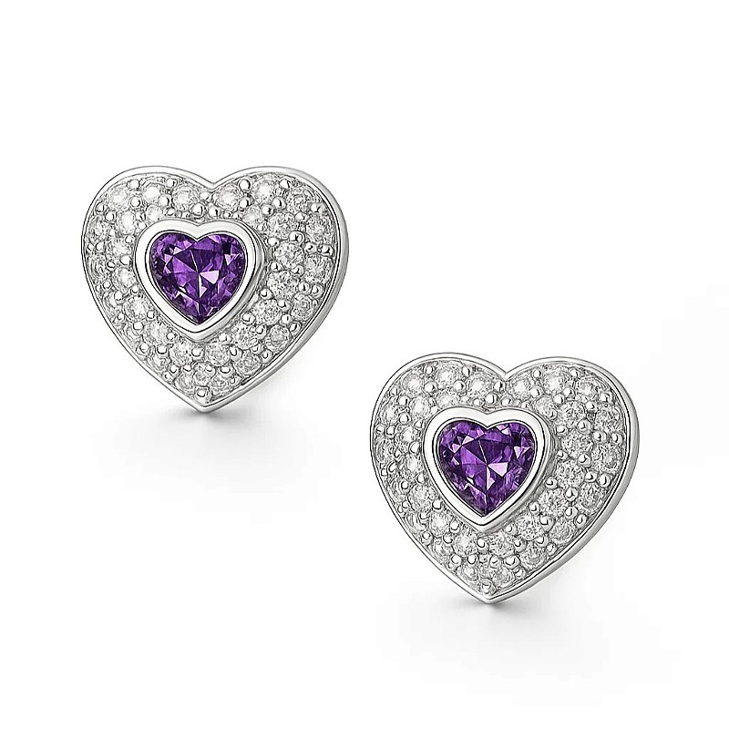 Brinco Coração Pedra Roxa Banhado em Ródio Branco