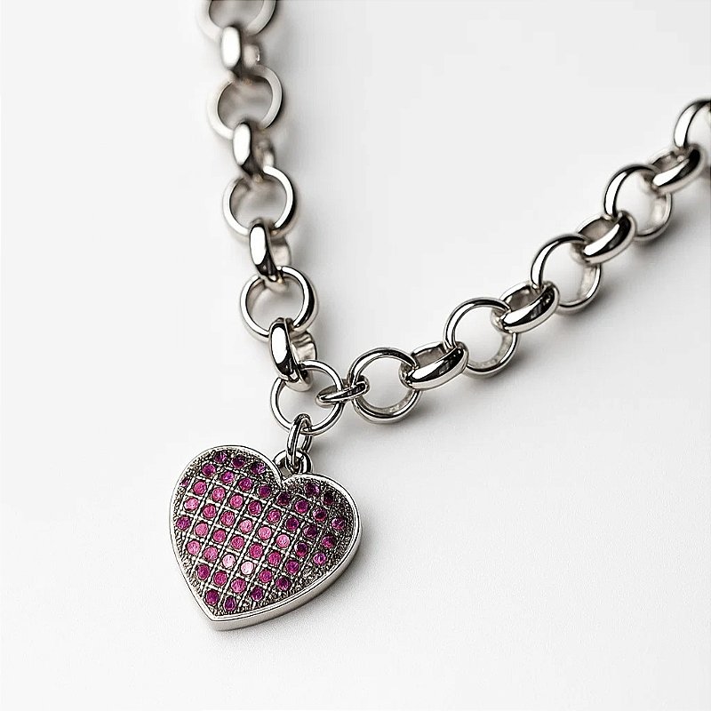 Pulseira com Pingente de Coração Banhada a Ródio Branco