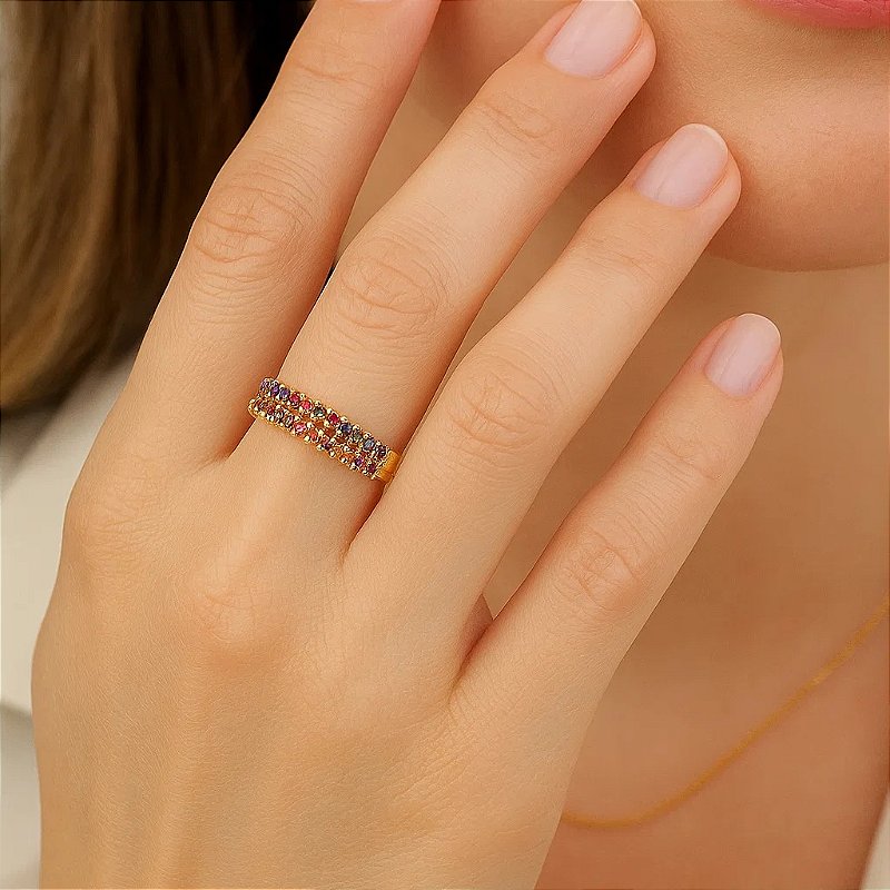 Anel Cravejado com Micro Zircônias Coloridas Folheado a Ouro 18k