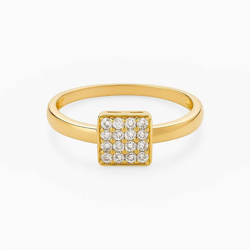 Anel elegante com detalhe central em formato quadrado Folheado a Ouro 18k