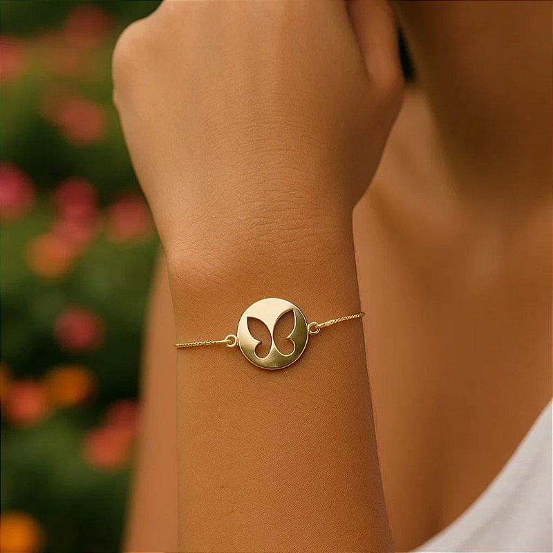 Pulseira  Pingente Borboleta Banhada a Ouro 18K