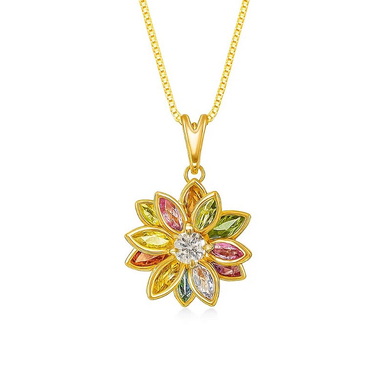 Colar Flor Radiante com Pedras Coloridas Banhado a Ouro 18k