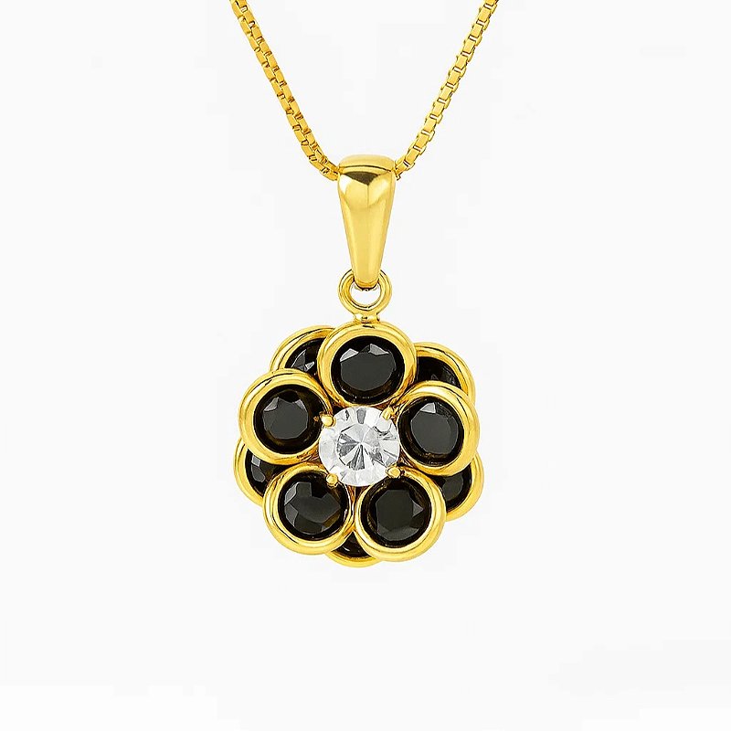 Colar Flor Elegante com Pedras Pretas Banhado a Ouro 18k