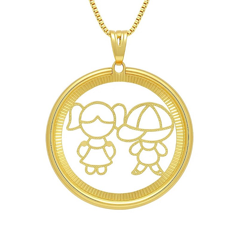 Colar Medalha Casal de Filhos Banhado em Ouro 18k
