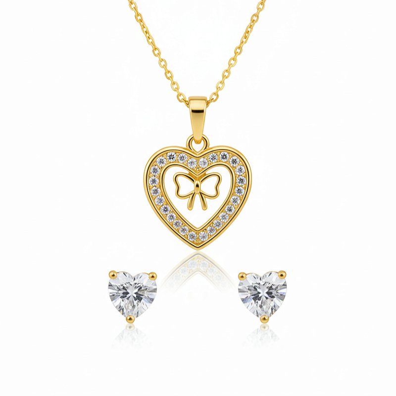 Conjunto Coração com Laço Banhado a Ouro 18k