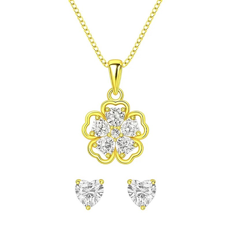 Conjunto Flor com Zircônias Banhado em Ouro 18k