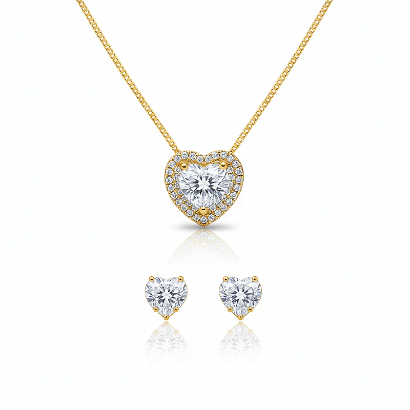 Conjunto Coração Cristal Banhado em Ouro 18k