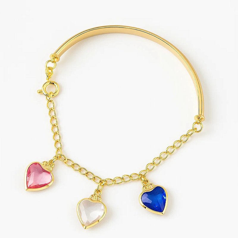 Pulseira Semirrígida com Corações Coloridos Banhado em Ouro 18k