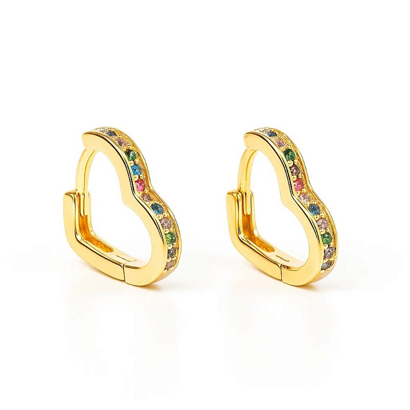 Brinco Coração com Zircônias Coloridas Banhado em Ouro 18k