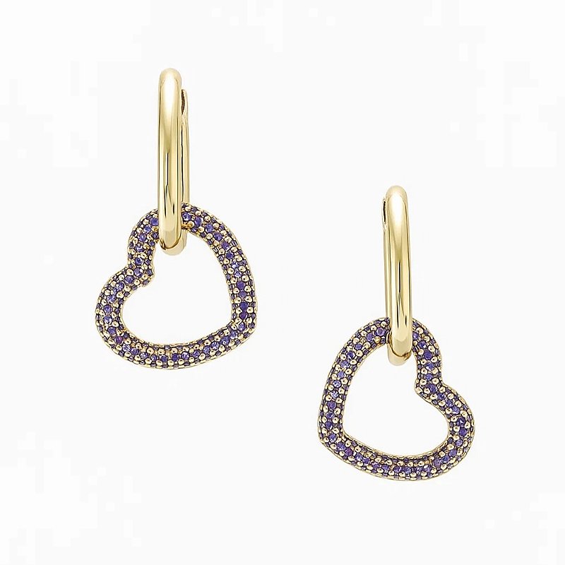 Brinco Argola Coração com Zircônias Roxas Banho de Ouro 18k