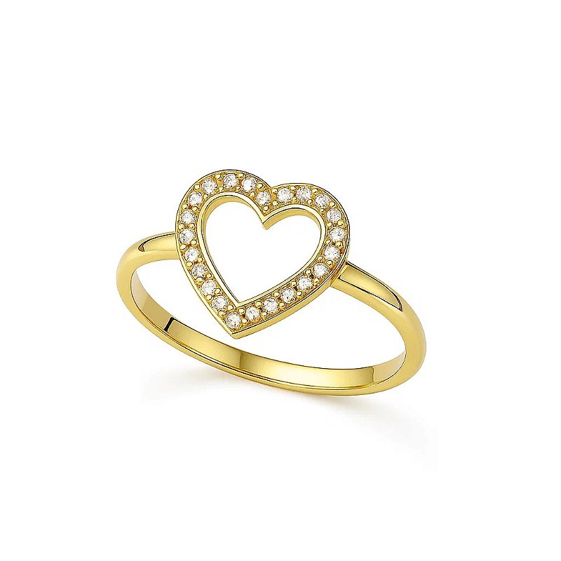 Anel Coração Vazado com Zircônias Banhado em Ouro 18k