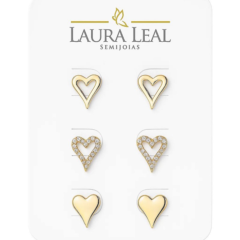 Kit 3 Pares de Brincos Coração Banho de Ouro 18k