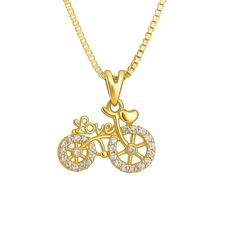 Colar com pingente de bicicleta cravejado com zircônias folheado em ouro 18k