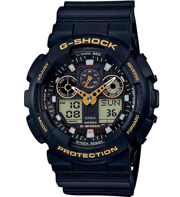 G-SHOCK GA-100GBX-1A9 – Preto e dourado, robusto e 200m