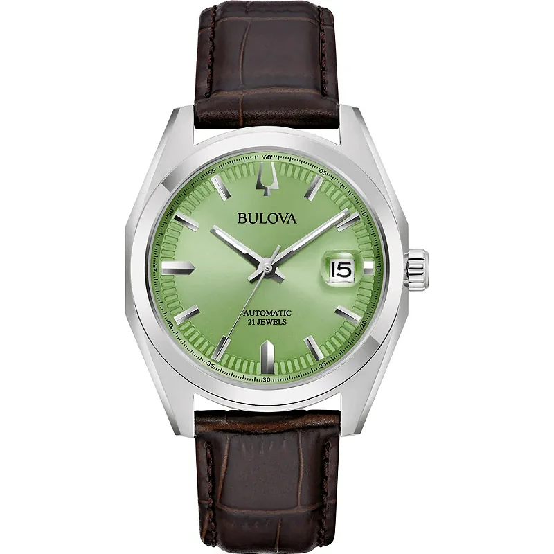 Bulova Accutron シルバー メッシュバンド　BULOVA Relógio Bulova Surveyor Automático 96B427 – Mostrador Verde e