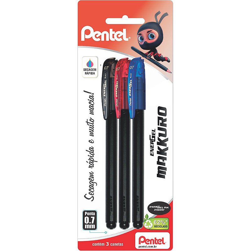 Caneta PENTEL EnerGel Makkuro 0.7mm - Kit c/ 3 Cores (Azul/Preto/Vermelho)  - Canetas Criativas Para Presente - Fun Papelaria Criativa e Fofa Online