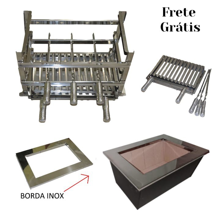 Braseiro Duplo em aço carbono 60x45 com Grill grelha Argentina e 3 espetos