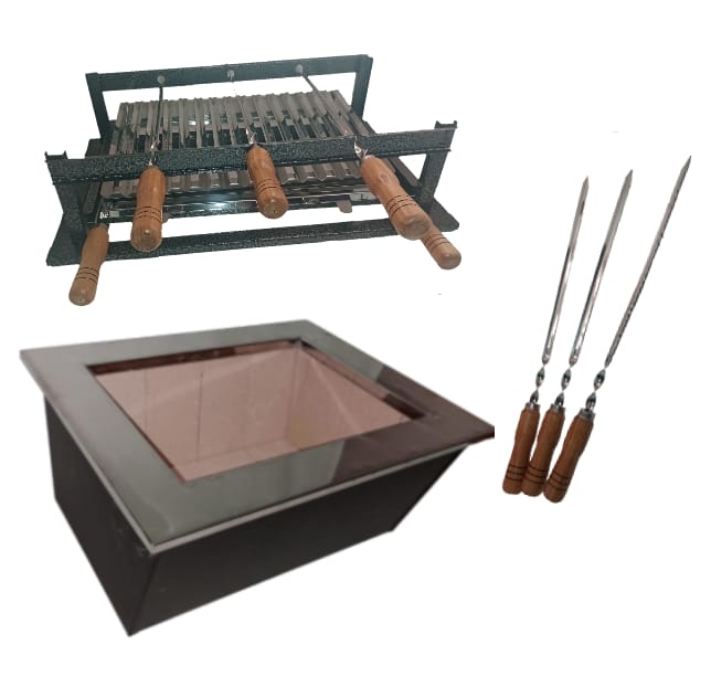 Kit Braseiro Gourmet de Embutir 70x45 com Grill Preto Grelha Argentina e 3 Espetos em Aço Inox