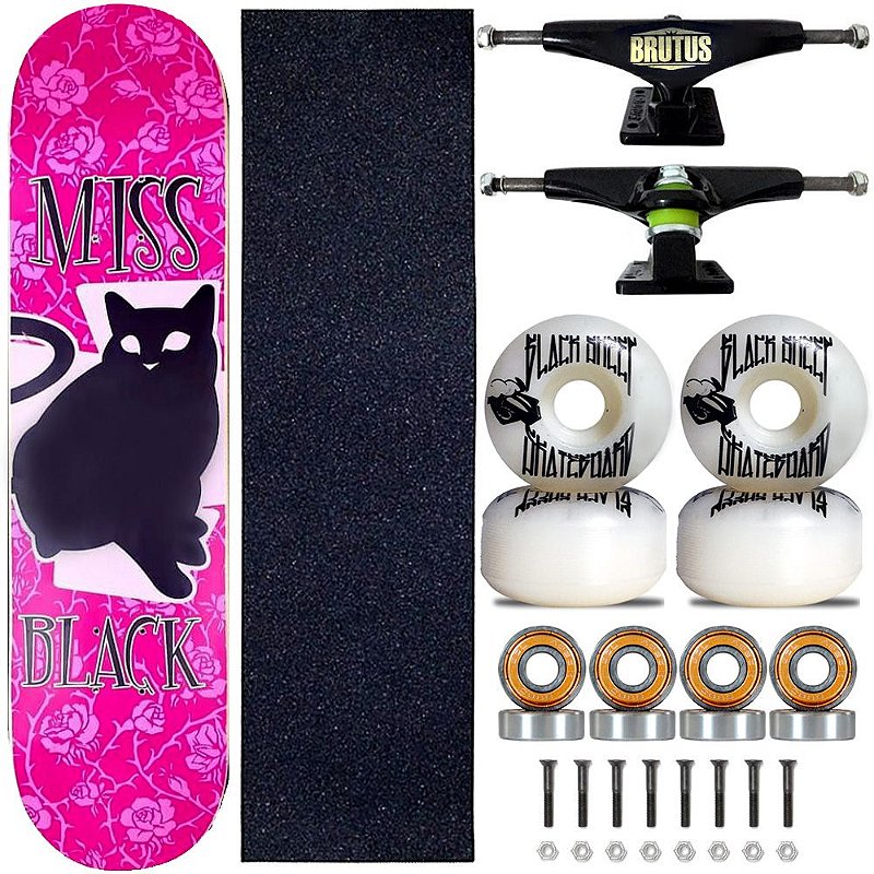 Skate Montado Miss Black Cat Pink Profissional 8.0 Feminina