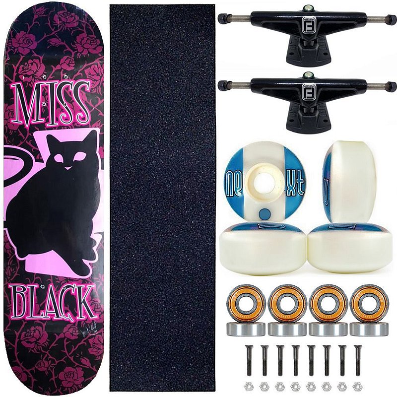 Skate Miss Black Cat Roses Profissional 8.0 Feminina Truck Fun Light