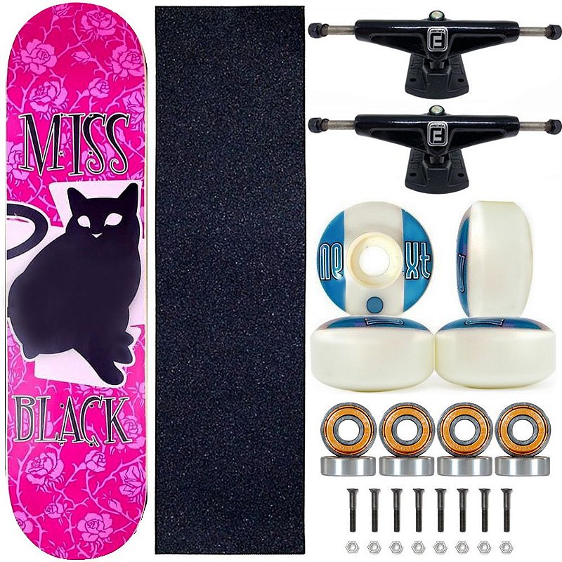 Skate Miss Black Cat Pink Profissional 8.0 Feminina Truck Fun Light