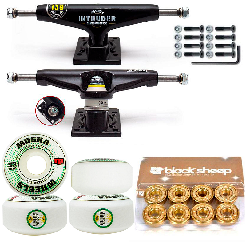 Truck Intruder 139mm Black + Roda Moska Rock 53mm + Rolamento Black Sheep Gold