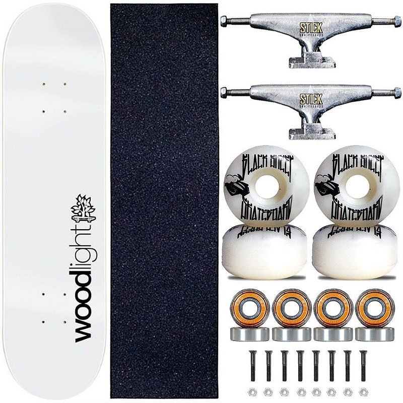 Skate Profissional Completo Shape Wood Light 8.0 Branco Truck Stick Skate Prata