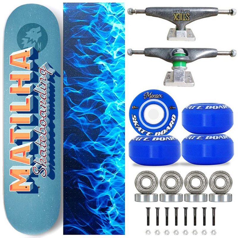 Skate Completo Shape Matilha Skate Fiber Glass 8.0 Blue Lixa Flame Blue