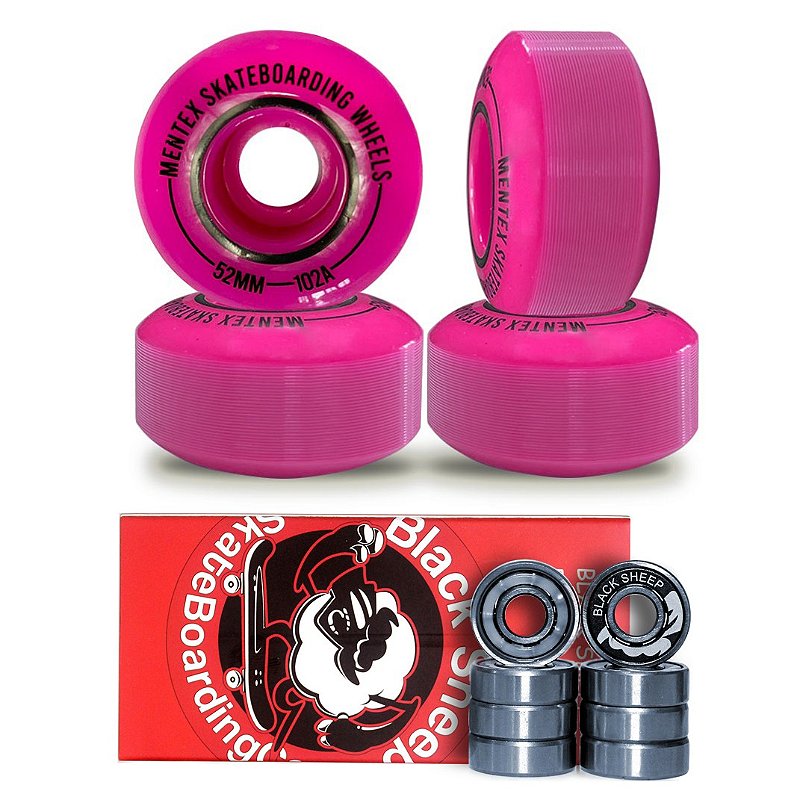 Rodas Importadas 52mm Mentex Skate 102A Pink + Rolamento Black Sheep Silver