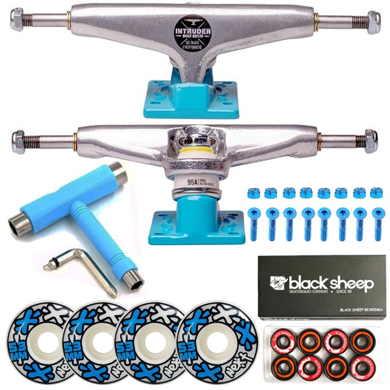 Truck Intruder 139mm Base Blue + Roda Next 53mm + Rolamento Black Sheep Black + Chave e Parafuso Azul