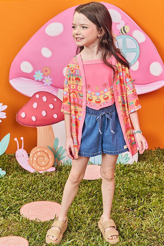 Conjunto Infantil Top Short e Kimono Colorido Kukie Maria