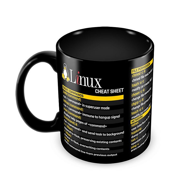 Caneca Linux Commands Cheat Sheet preta - Caneca do Dev - Canecas e ...