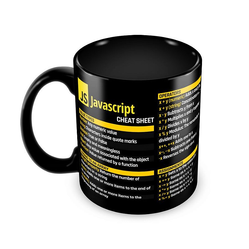 Caneca Javascript Commands Cheat Sheet preta - Caneca do Dev - Canecas ...