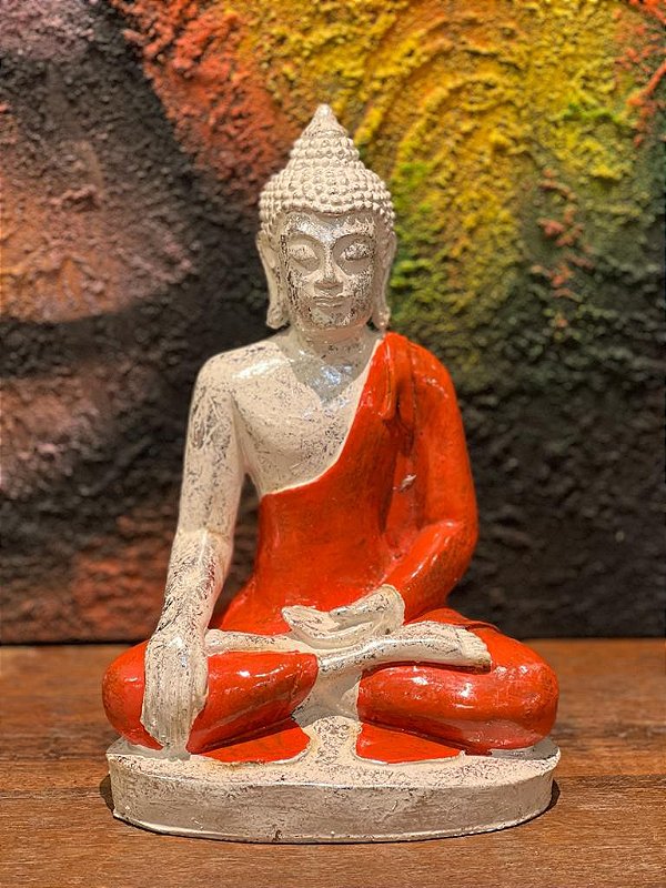 Buda - Posição De Sabedoria - Resina - Branco e Laranja - P
