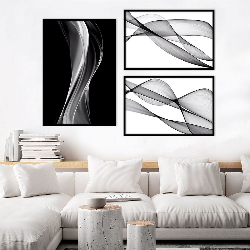 Conjunto com 03 quadros decorativos Abstrato Preto e Branco - Casa e ...