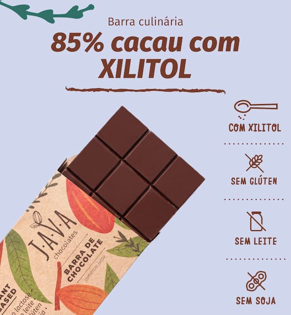 Barra culinária vegana de chocolate 85% cacau lowcarb com xilitol