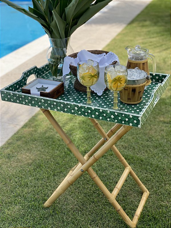 BANDEJA BAMBU E VIDRO DUPLA COM PÁSSARO VERDE - A2 HOME DECORACOES LTDA