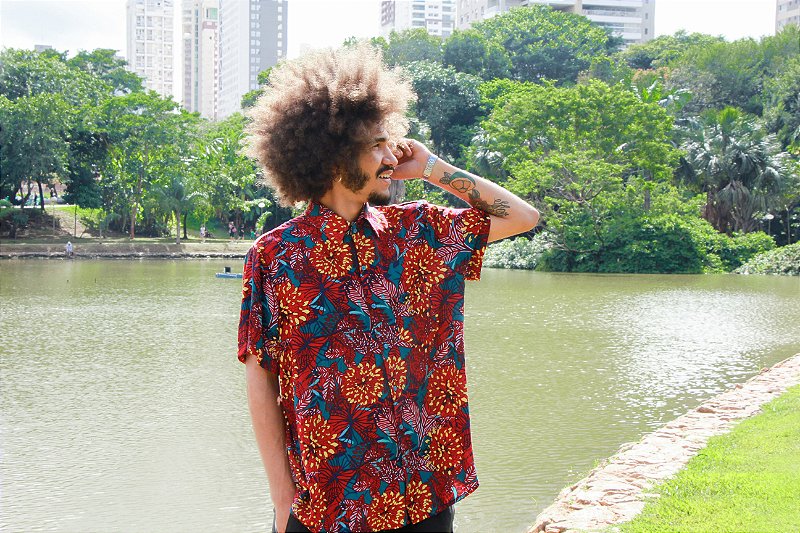 Camisa florida vermelha Clearance