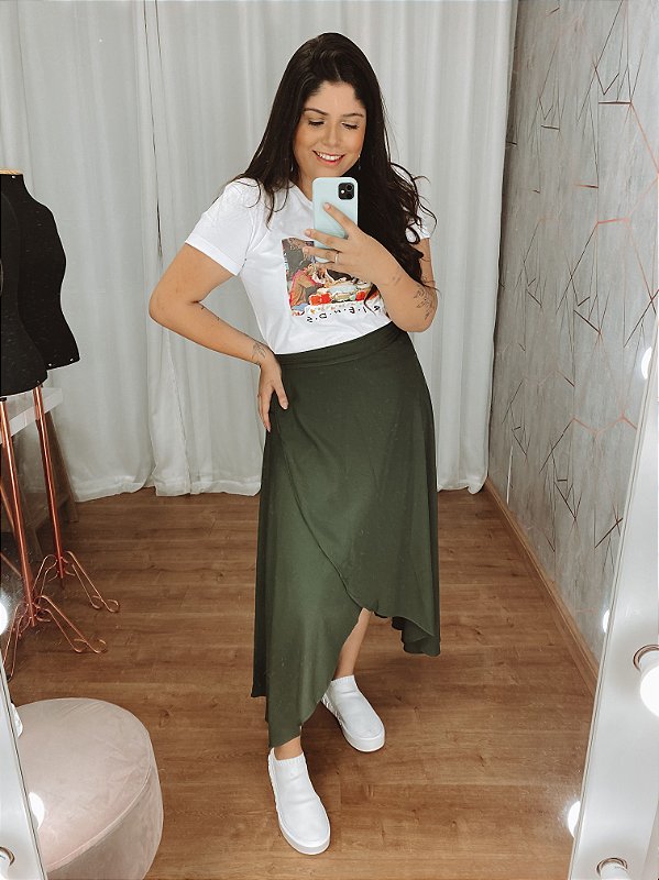 saia midi linho verde militar