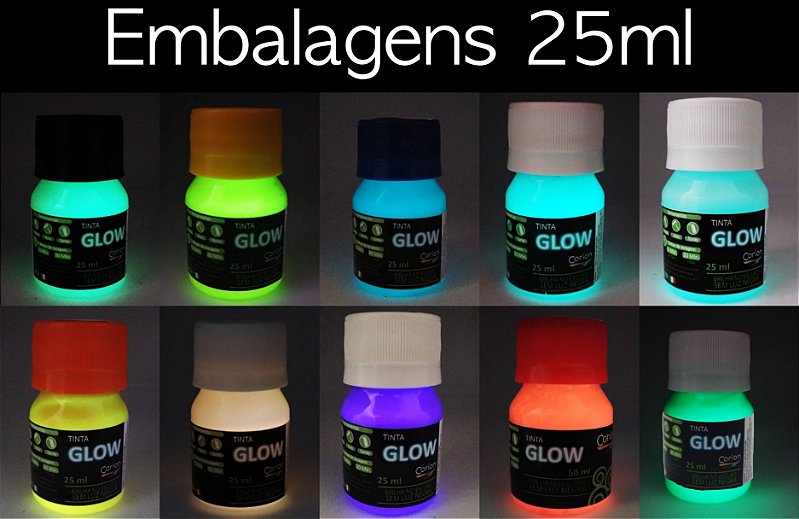 Kit 4 Potes Tinta Glow Corion 25ML - Brilha No Escuro Sem Luz Negra
