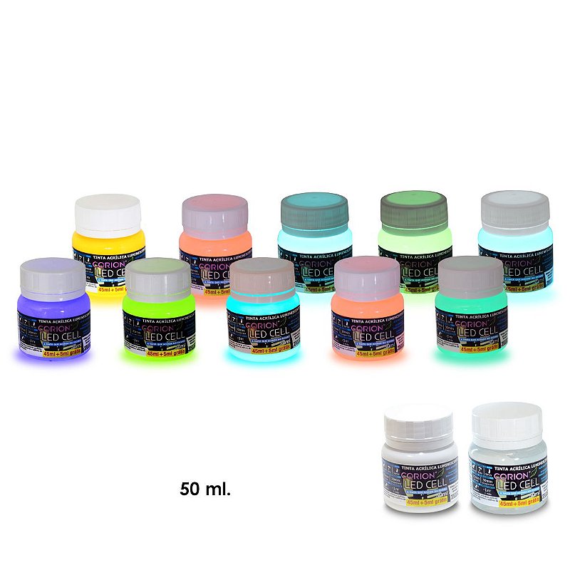 Kit 7 Potes 50ml Tinta Glow Corion Led Cell Luminescente Frete Gratis -  Corion Tinta Glow, Tinta Luminescente, Glow in the Dark, Tinta Higiênica