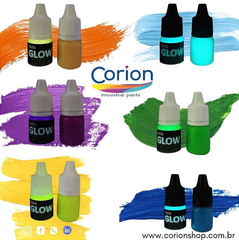 Kit 4 Cores + 1 Primer + 1 Verniz. Tinta Glow Corion 5ml C/ Aplicador. Cores a Escolher